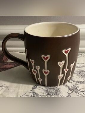 Starbucks Brown Mug with White Stem and Red Heart Accents